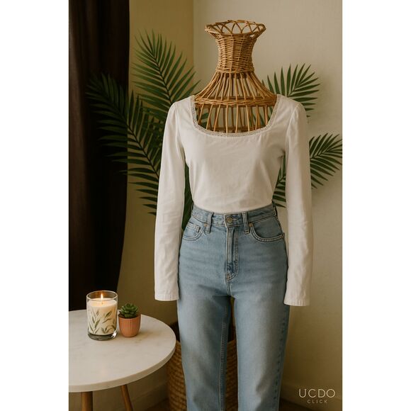 Women’s White Long Sleeve Lace Trim Square Neck Top – Elegant Fitted Blouse - Picture 6 of 8